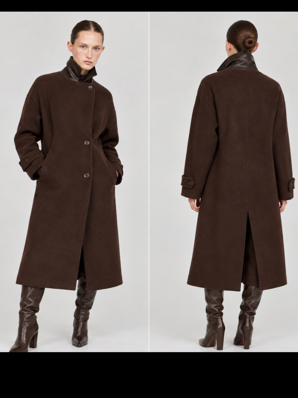 Zara NWT Brown Long Wool Blend Coat Faux Leather Collar XS 8464/323/700